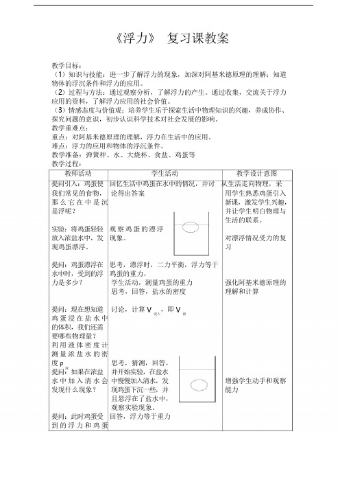 人教版八年级物理下册第十章《浮力》 复习课教案设计