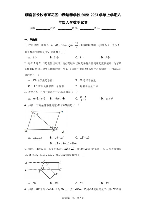 湖南省长沙市雨花区中雅培粹学校2022-2023学年上学期八年级入学数学试卷