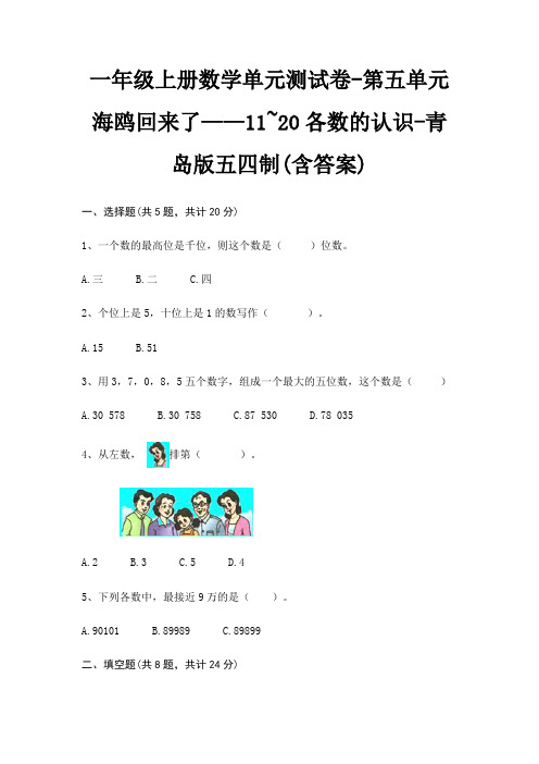 一年级上册数学单元测试卷-第五单元 海鸥回来了——11~20各数的认识-青岛版五四制(含答案)