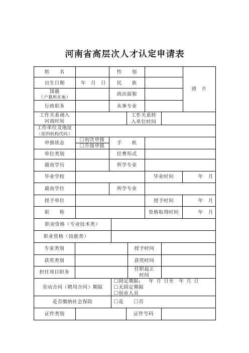 河南省高层次人才认定申请表