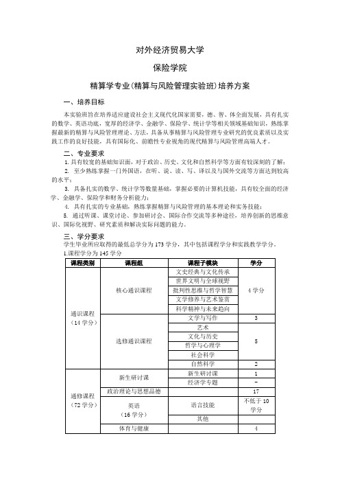 对外经济贸易大学保险学院精算学专业(精算与风险管理实验班)人才培养方案