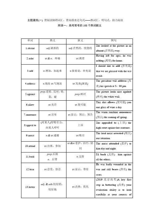 2019届高考英语晨读背诵二轮复习天天挤时背：附录1 高考常考的108个熟词新义