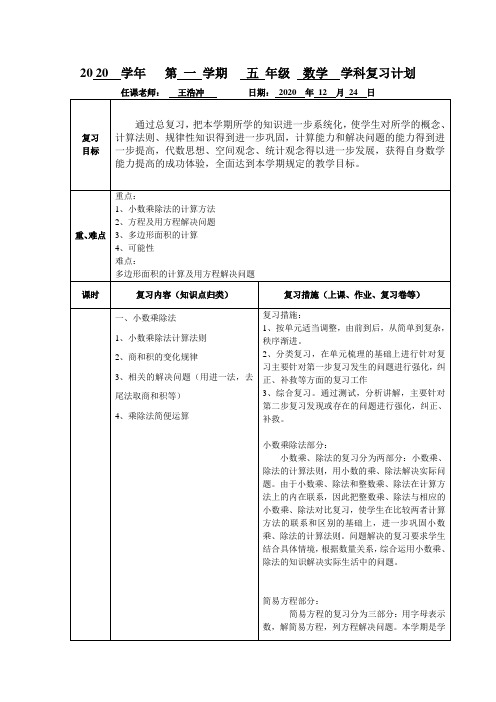 2020学年第一学期五年级学科复习计划