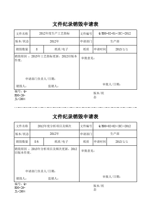 文件记录销毁申请表