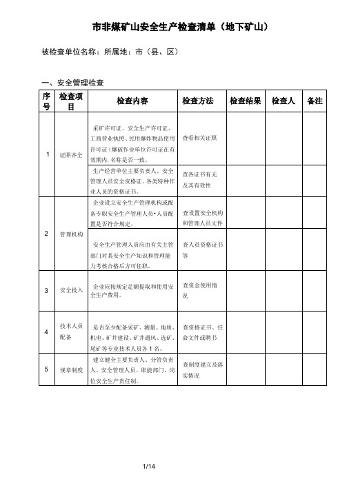 2022非煤矿山安全生产检查表(地下矿山) 