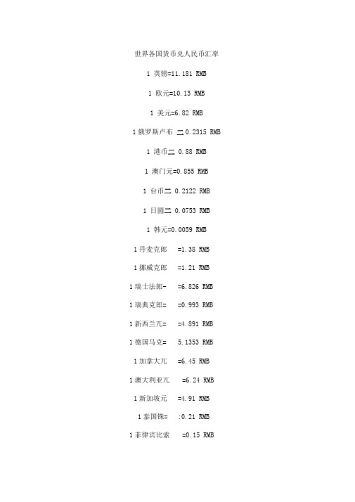 各国货币兑人民币汇率表