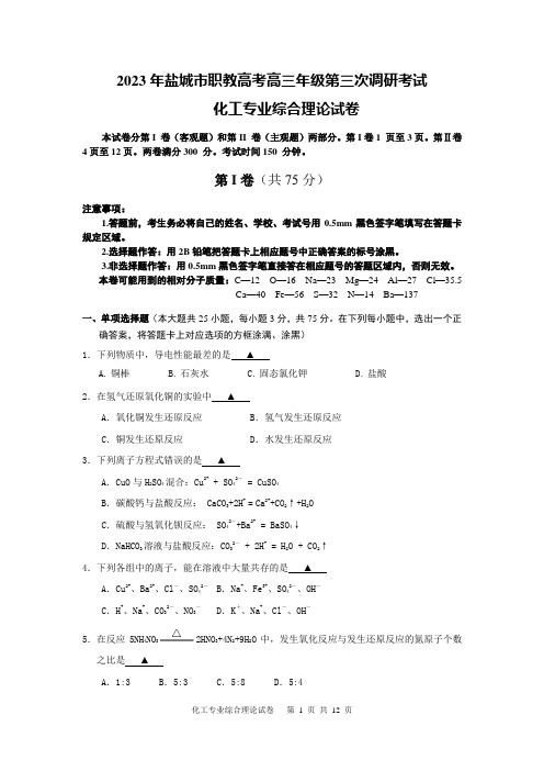 2023年盐城市职教高考高三年级第三次调研考试化工试卷