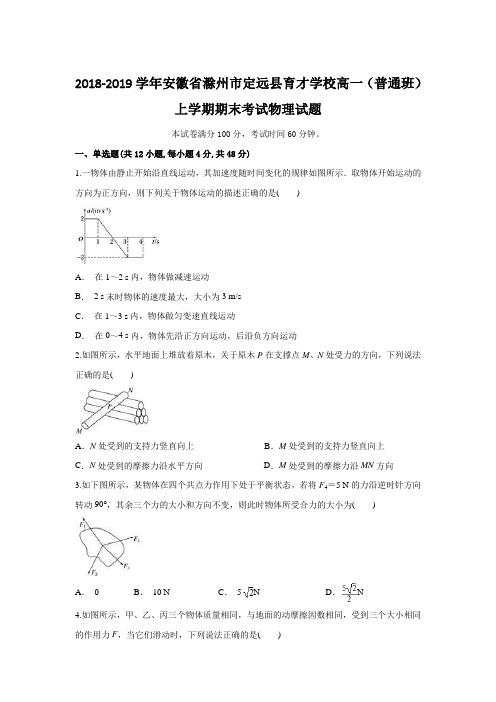 【国家百强校】2018-2019学年安徽省滁州市定远县育才学校高一(普通班)上学期期末考试物理试题