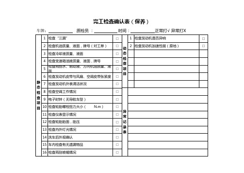 XX4S店售后保养完工检查表