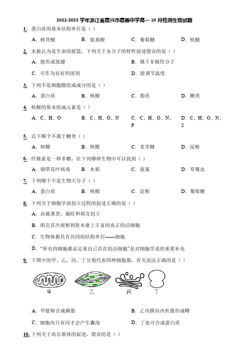 2022-2023学年浙江省嘉兴市嘉善中学高一10月检测生物试题