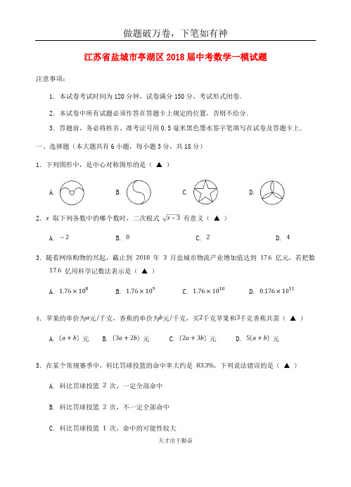 江苏省盐城市亭湖区2018届中考数学一模试题-含答案 师生通用