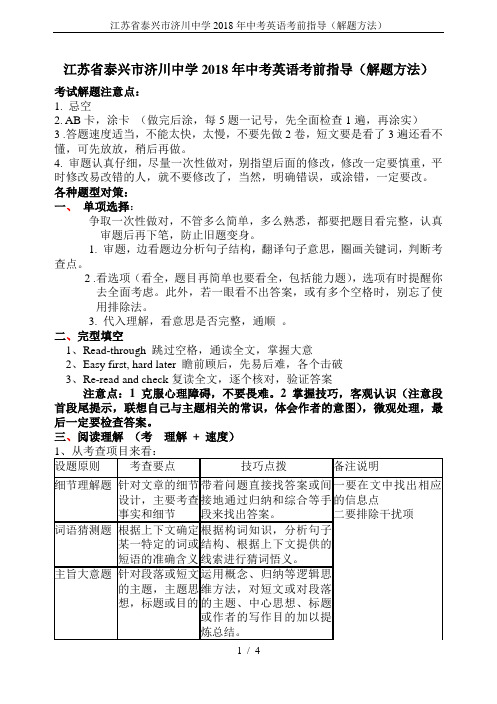 江苏省泰兴市济川中学2018年中考英语考前指导(解题方法)