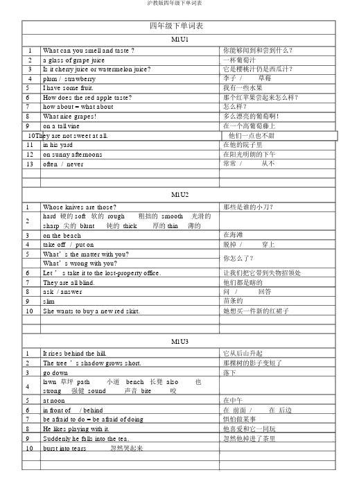 沪教版四年级下单词表