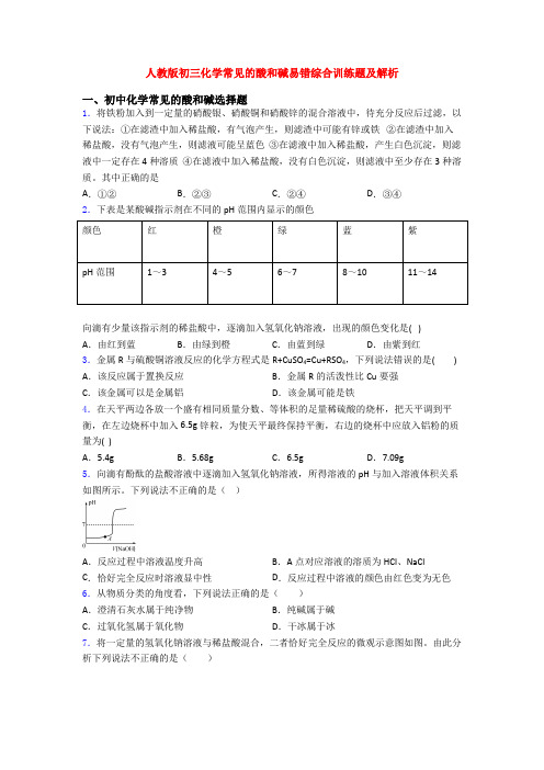 人教版初三化学常见的酸和碱易错综合训练题及解析