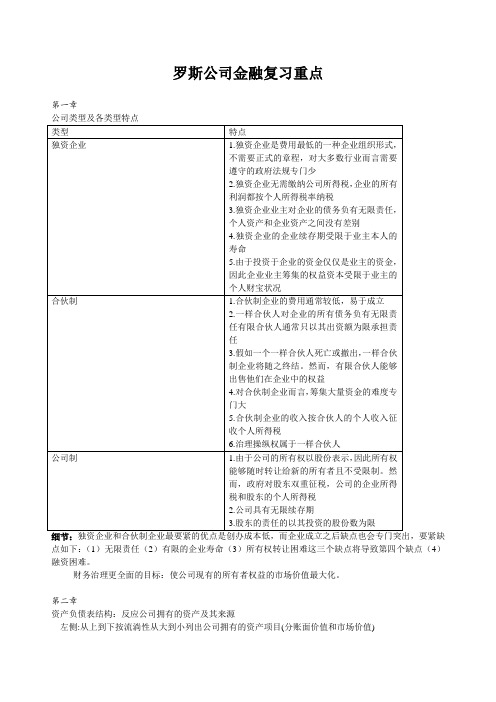 罗斯公司金融复习重点