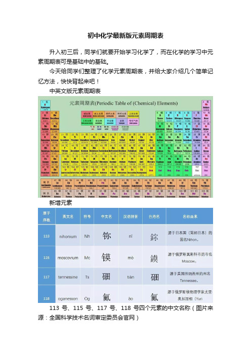 初中化学最新版元素周期表