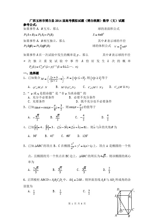 广西玉林市博白县2014届高考模拟试题(博白统测)数学(文)试题