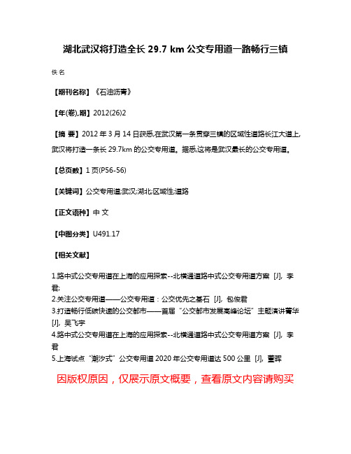 湖北武汉将打造全长29.7 km公交专用道一路畅行三镇