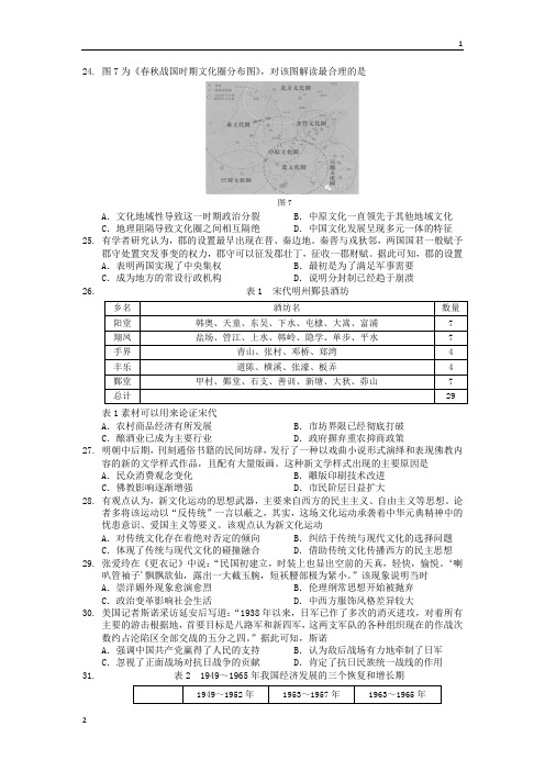 安徽省蚌埠市2020届高三年级第三次教学质量检查考试文科综合历史 Word版