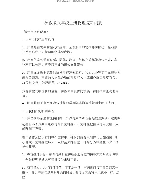 沪教版八年级上册物理总结复习提纲