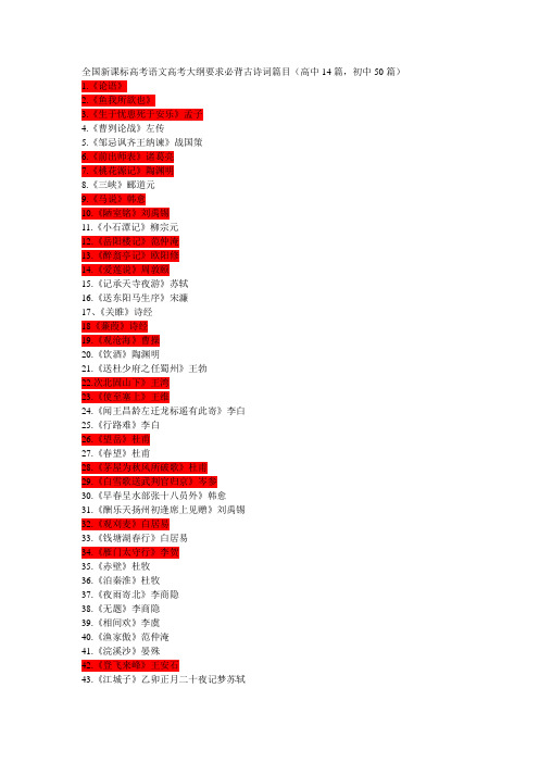 全国新课标高考语文高考大纲要求必背古诗词篇目