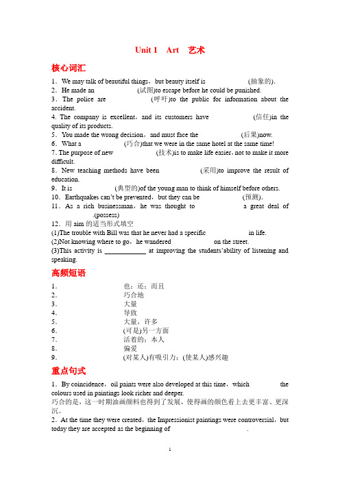 【名师导学系列】2013年高考英语人教版第一轮精品配套练习 选修6 Unit 1 Art