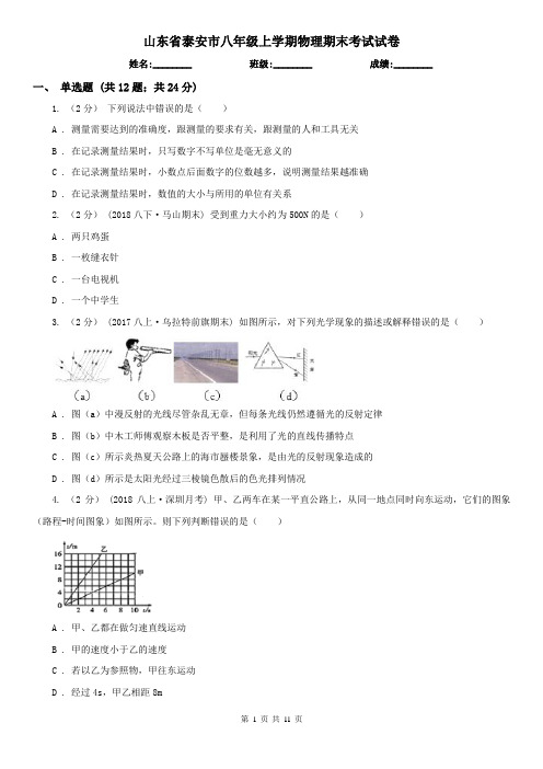 山东省泰安市八年级上学期物理期末考试试卷