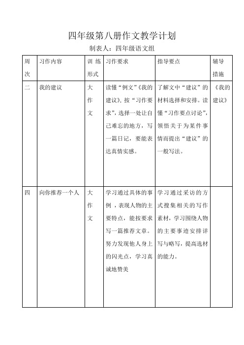 四年级第八册作文教学计划教案