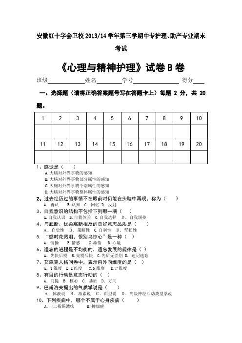 12级心理与精神护理期末考试试卷B——许晨珍