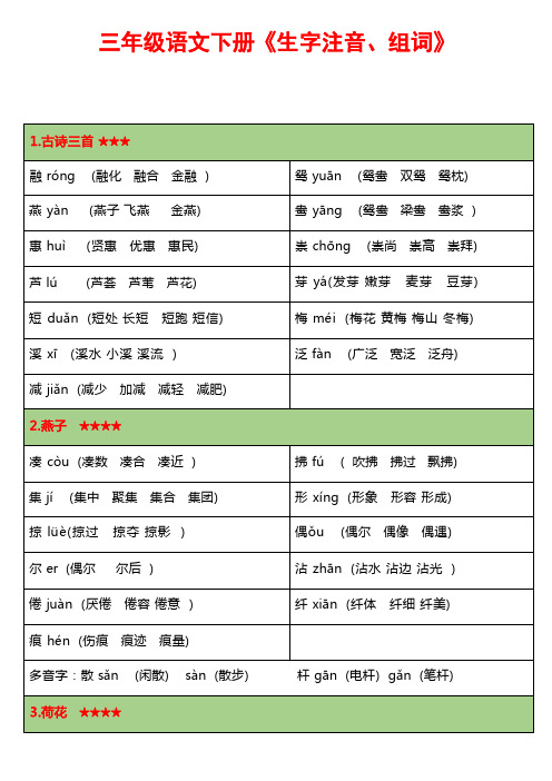 部编版语文三年级下册生字表《注音、组词》(素材)