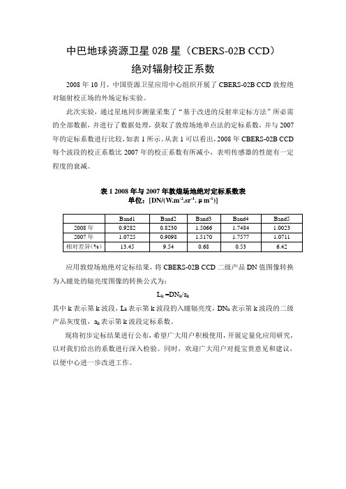 中巴地球资源卫星02星CBERS-02CCD绝对辐射校正系数