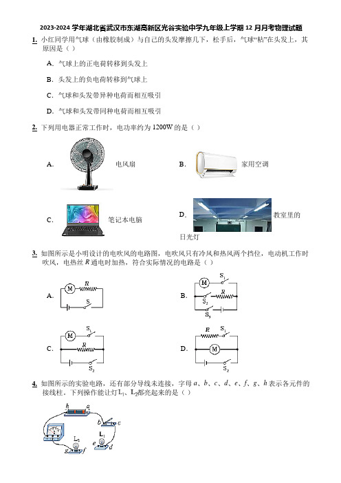 2023-2024学年湖北省武汉市东湖高新区光谷实验中学九年级上学期12月月考物理试题