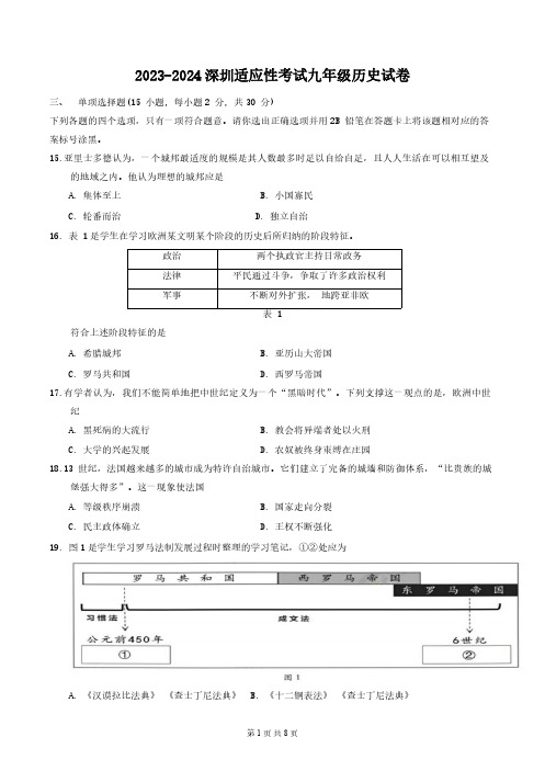 2023-2024深圳适应性考试九年级历史试卷