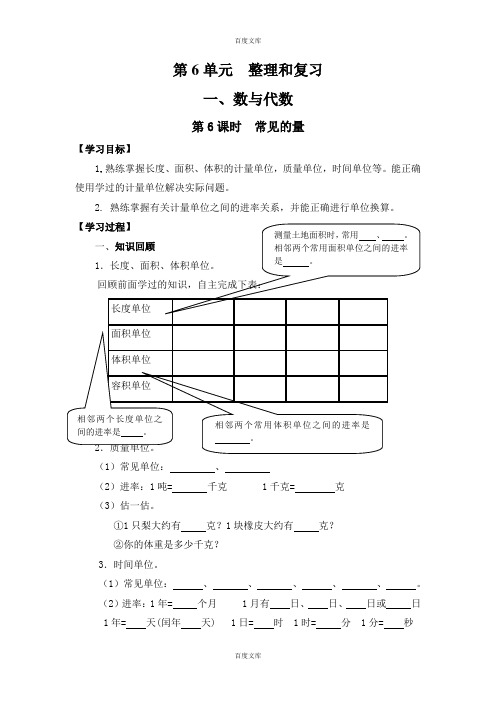 人教版六年级数学下册数与代数 第6课时 常见的量 导学案