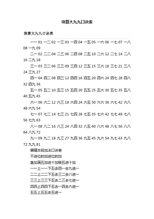 珠算大九九口诀表