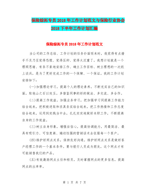保险综拓专员2018年工作计划范文与保险行业协会2018下半年工作计划汇编.doc