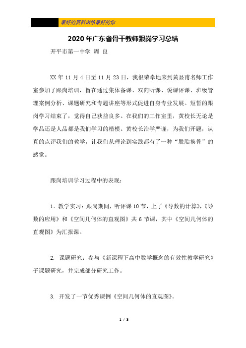 2020年广东省骨干教师跟岗学习总结