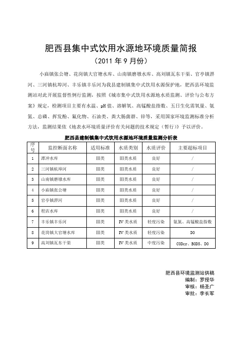 肥西县集中式饮用水源地环境质量简报