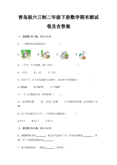 最新青岛版六三制二年级下册数学期末测试卷含答案