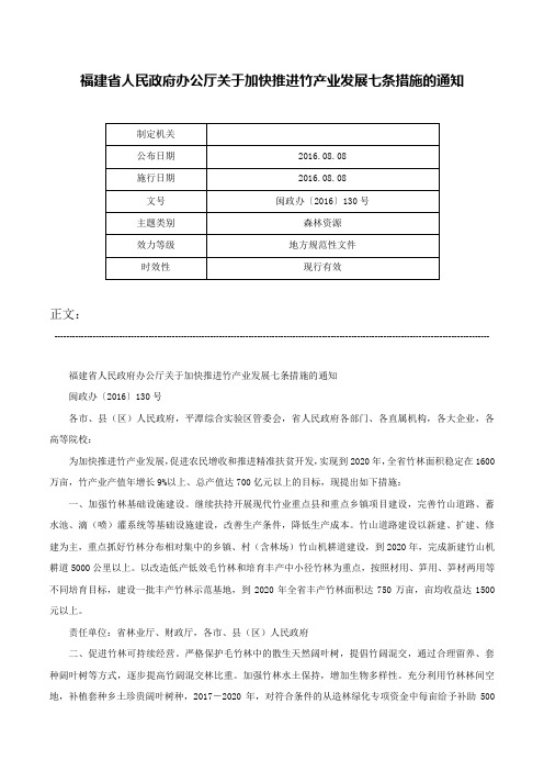 福建省人民政府办公厅关于加快推进竹产业发展七条措施的通知-闽政办〔2016〕130号