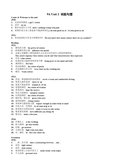 译林版九年级上册英语第二单元 9A Unit 2 词组句型汇总