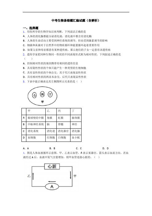 中考生物易错题汇编试题(含解析)