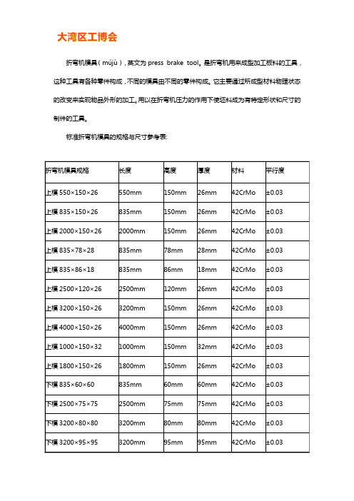 折弯机模具规格尺寸表【大全】