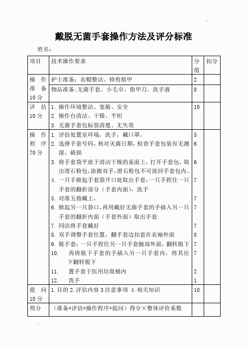 戴脱无菌手套操作方法及评分标准