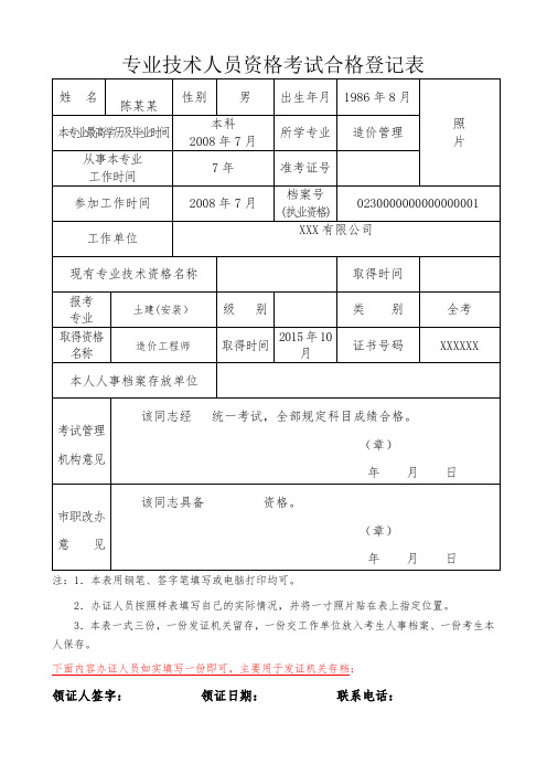 专业技术人员资格考试合格登记表(造价工程师)