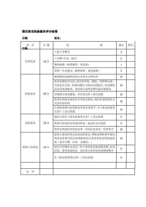 酒店客衣洗涤服务评分标准