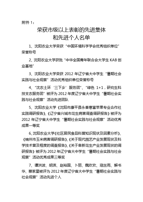 沈阳农业大学2012五四表奖附件1荣获市级以上表彰的先进集体和先进个人名单