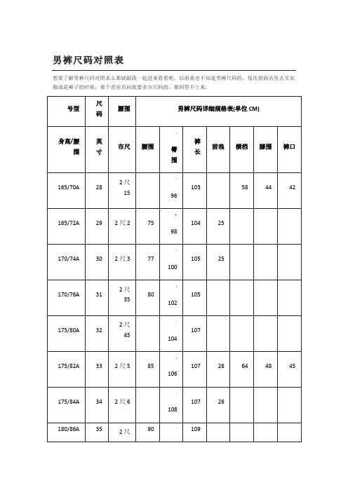 男裤尺码对照表