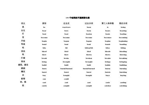 136个动词的不规则变化表