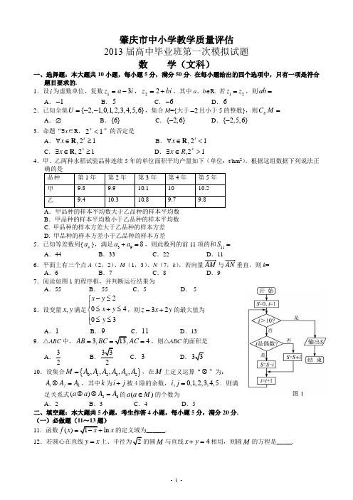 广东肇庆市2013年高考一模数学(文科)试题及答案